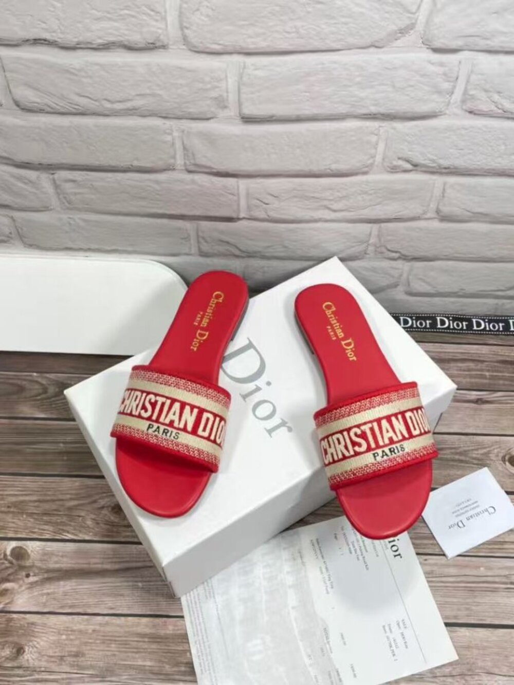 Dior Red Logo Embroidered Flat Slides